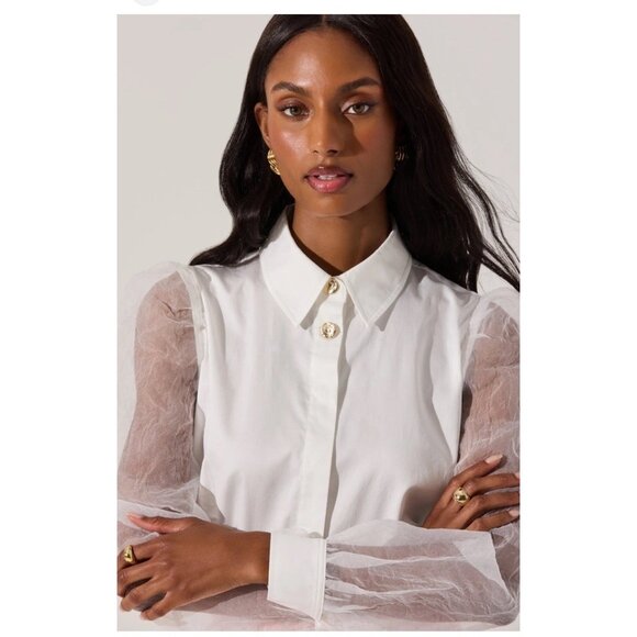 ASTR The Label Women's White Sheer Puff Sleeve Button Up Cotton Shirt Sz M Chic - Picture 1 of 11